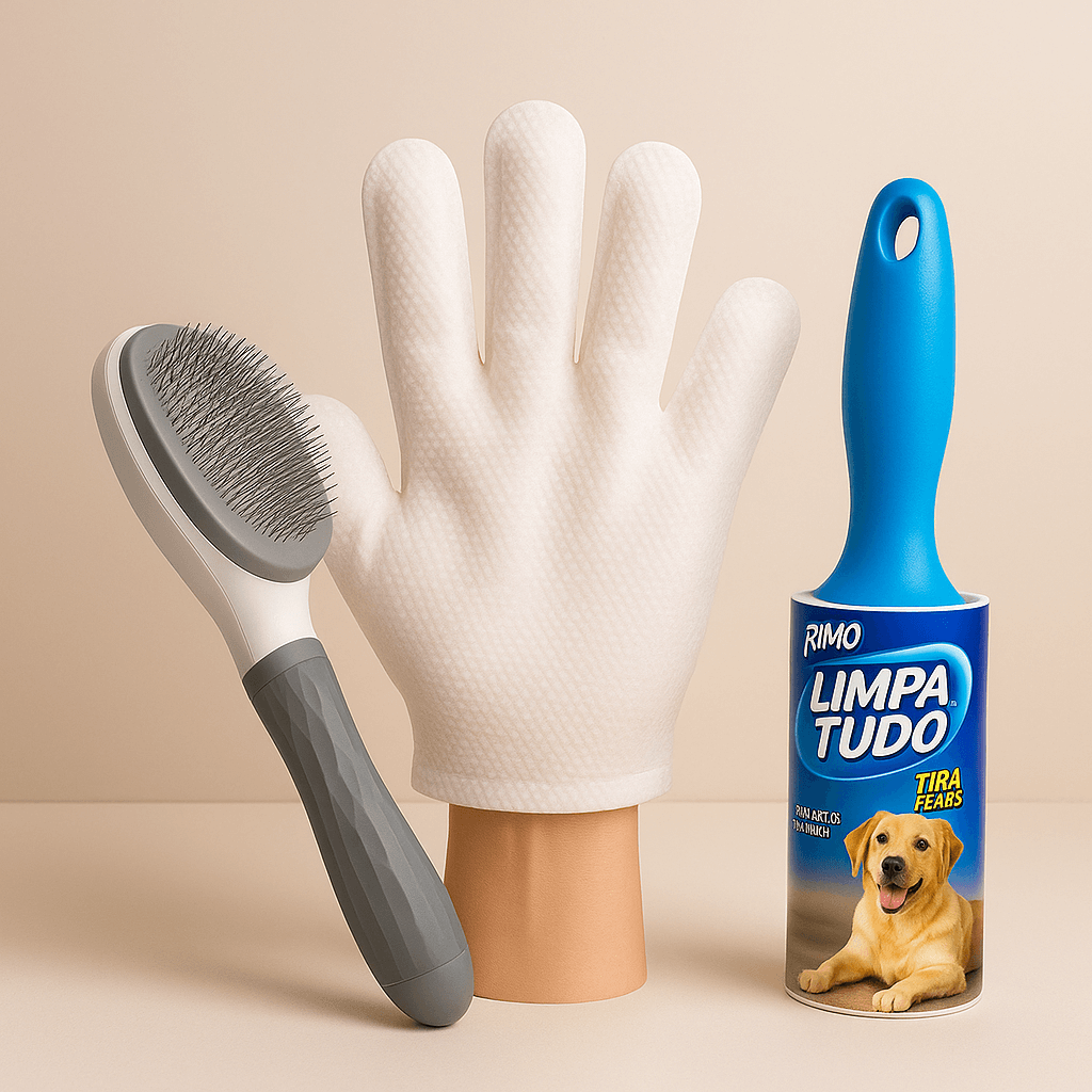 Kit Limpeza Premium para Pets – Luva Umedecida + Escova Removedora + Rolo Adesivo | ForPatas