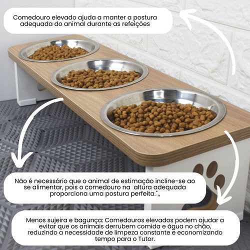 Comedouro Triplo Elevado Premium em MDF com Tigelas Inox/Porcelana – ForPatas™ - Imagem 4