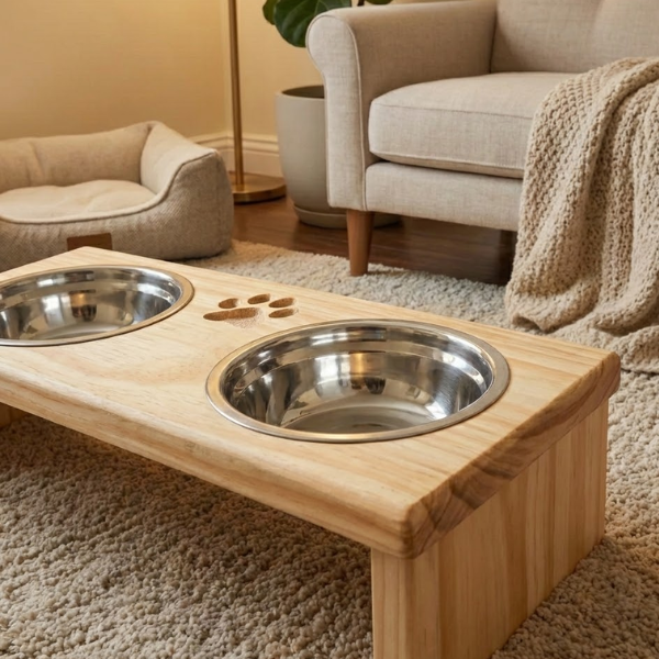 Comedouro Elevado Duplo com Potes Inox e Base em Pinus para Cachorro e Gato WoodBowl™ - Imagem 2